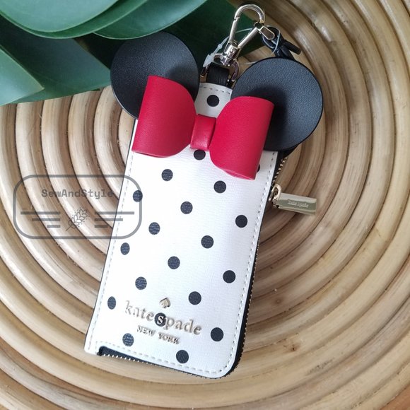 KATE SPADE DISNEY MINNIE MOUSE LANYARD ID CARD CASE:NWT POLKA DOTS BOW BLACK